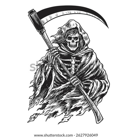 Grim Reaper Skeleton hand drawn vector illustration, Hand Drawn Death.