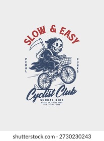 Grim Reaper Esqueleto Equitação Bicicleta com fatia e cesta Desenho de mão lenta Design Gráfico Tee