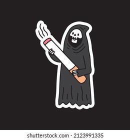 Grim reaper skull and cigarette, illustration for t-shirt, sticker, or apparel merchandise. With doodle, retro, and cartoon style.