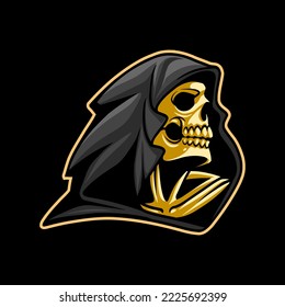grim reaper skull head and black cloak hood esports mascot logo