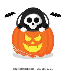 Cabeça de crânio Ceifador Grim sai de um jack o lanterna abóbora cercada por morcego em ilustração de arte vetorial bonito perfeito para horror e Halloween design temas modelo de ativo editável