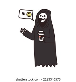 Grim reaper skull holding cup of coffee and say hi, illustration for t-shirt, sticker, or apparel merchandise. With doodle, soft pop, and cartoon style.