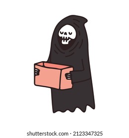Grim reaper skull holding empty box, illustration for t-shirt, sticker, or apparel merchandise. With doodle, soft pop, and cartoon style.