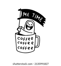 Grim reaper skull holding flag inside a cup of coffee, illustration for t-shirt, street wear, sticker, or apparel merchandise. With retro, and cartoon style.