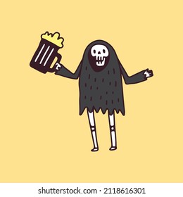 Grim Reaper Skull holding glass of beer, illustration for t-shirt, poster, sticker, or apparel merchandise. With retro cartoon style.