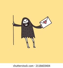 Grim Reaper Skull holding love letter, illustration for t-shirt, poster, sticker, or apparel merchandise. With retro cartoon style.