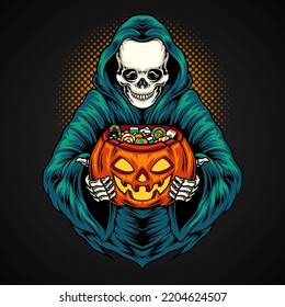 Grim Reaper Skull Holding A Pumpkin With Candy