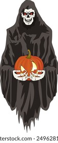 Grim reaper skull holding a pumpkin 