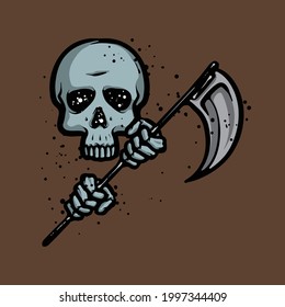 Grim reaper skull holding sharp sickle concept. Horror, mystical creature, death vector character. Illustration isolated on brown background