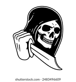 GRIM REAPER SKULL HOLDS A KNIFE LOGO BLACK WHITE BACKGROUND