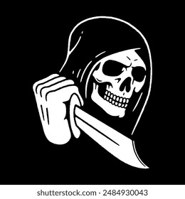 GRIM REAPER SKULL HOLDS A KNIFE LOGO WHITE BLACK BACKGROUND