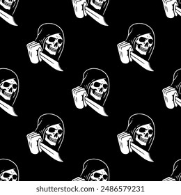 GRIM REAPER SKULL HOLDS A KNIFE LOGO SEAMLESS PATTERN WHITE BLACK BACKGROUND