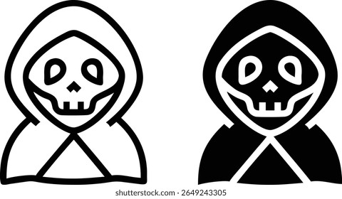Grim Reaper Skull Icon Set - Ilustração de Vetor de Personagem de Esqueleto de Morte com Capuz Preto e Branco