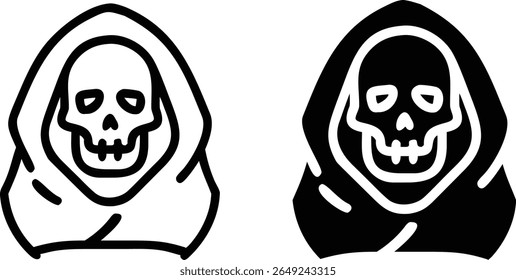 Grim Reaper Skull Icon Set - Ilustração de Vetor de Esqueleto de Morte com Capuz Preto e Branco