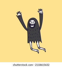 Grim Reaper Skull jumping and excited, illustration for t-shirt, sticker, or apparel merchandise. With retro cartoon style.