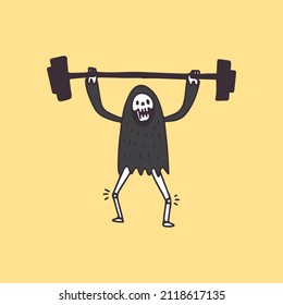 Grim Reaper Skull lifting barbell, illustration for t-shirt, poster, sticker, or apparel merchandise. With retro cartoon style.