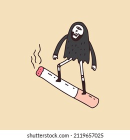 Grim Reaper Skull with one eye and riding cigarette, illustration for t-shirt, sticker, or apparel merchandise. With retro cartoon style.