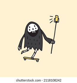 Grim reaper Skull  riding a skateboard and take a selfie, illustration for t-shirt, poster, sticker, or apparel merchandise. With cartoon style.