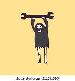 Grim Reaper Skull and wrench, illustration for t-shirt, poster, sticker, or apparel merchandise. With retro cartoon style.