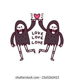 Grim reaper skulls showing love symbol, illustration for t-shirt, sticker, or apparel merchandise. With doodle, retro, and cartoon style.