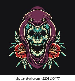 Grim Reaper Snake and Flower Retro Vector Ilustration