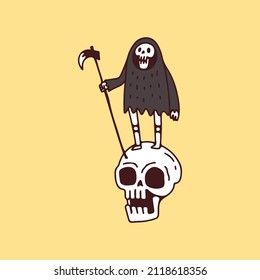 Grim Reaper standing on skull head , illustration for t-shirt, poster, sticker, or apparel merchandise. With retro cartoon style.