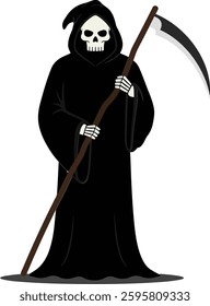 A Grim Reaper stands confidently, draped in a black cloak, wielding a scythe. The scene conveys a mysterious yet calm atmosphere, perfect for Halloween themes.