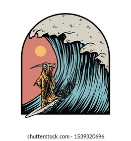 Grim Reaper Surfing Summer Graphic Illustration Vector Art T-shirt Design