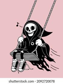 Grim reaper swinging on teeterboard on pink background. Cartoon vector illustration