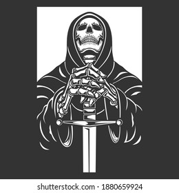  grim reaper with sword character vector illustration. black and white