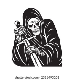grim reaper with sword character vector illustration. black and white