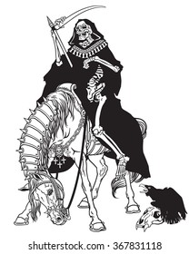 grim reaper symbol of death and time sitting on a horse and holding scythe . Black and white image