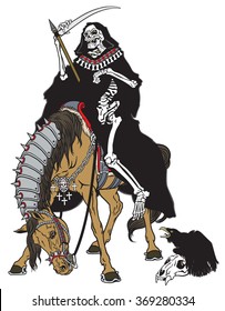 grim reaper symbol of death and time sitting on a horse and holding scythe