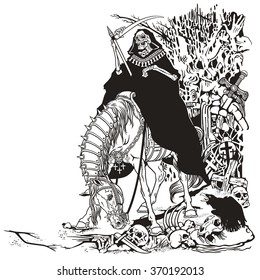 grim reaper symbol of death and time sitting on a horse and holding scythe in old cemetery . Black and white illustration