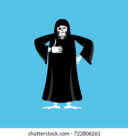 Grim reaper thumbs up. death winks. skeleton in black cloak cheerful. Vector illustration
