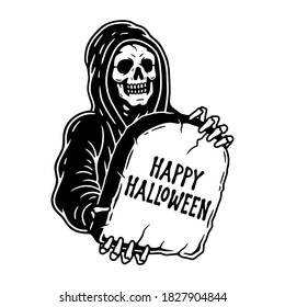 GRIM REAPER WITH TOMBSTONE HAPPY HALLOWEEN BLACK WHITE BACKGROUND