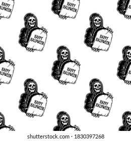 GRIM REAPER WITH TOMBSTONE HAPPY HALLOWEEN SEAMLESS PATTERN BLACK WHITE BACKGROUND