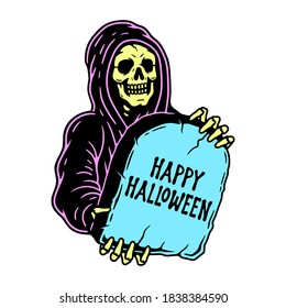 GRIM REAPER WITH TOMBSTONE HAPPY HALLOWEEN COLOR WHITE BACKGROUND