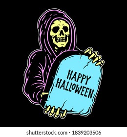 GRIM REAPER WITH TOMBSTONE HAPPY HALLOWEEN COLOR BLACK BACKGROUND