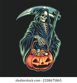 grim reaper trick or treat illustration for tshirt design, logo, or stickers