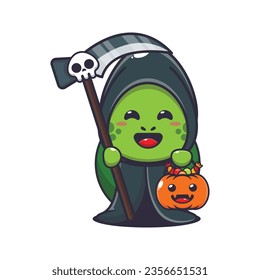 Grim reaper turtle holding scythe and halloween pumpkin. Cute halloween cartoon illustration. 
