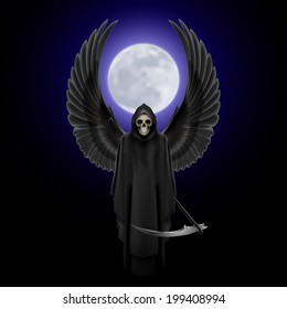 Grim Reaper with two wings up over full moon background