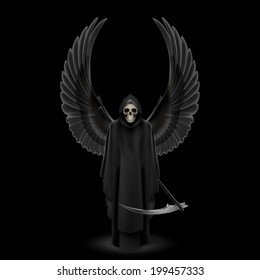 Grim Reaper with two wings up over black background