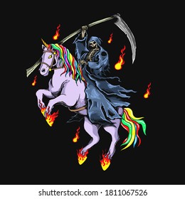 grim reaper with unicorn illustration vector graphic