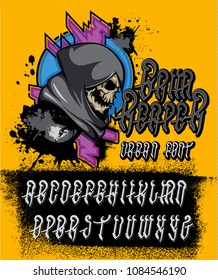 "Grim reaper" urban font. Vector hand crafted graffiti style typeface with grim reaper mascot print. Good for logos, labels, posters, t-shirt design.