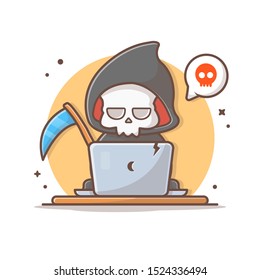 Grim Reaper Using Laptop Vector Icon Illustration. Grim Reaper And Laptop, Halloween Icon Concept White Isolated. Flat Cartoon Style Suitable for Web Landing Page, Banner, Sticker, Background