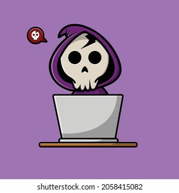 Grim Reaper Using Laptop Vector Icon Illustration. Grim Reaper And Laptop, Halloween Icon Concept White Isolated. Flat Cartoon Style Suitable for Web Landing Page, Banner, Sticker, Background