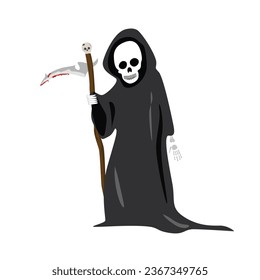 Grim Reaper vector. Death with Scythe clip art. Halloween character. Skeleton in grim reaper gown. Flat vector in cartoon style isolated on white background. 