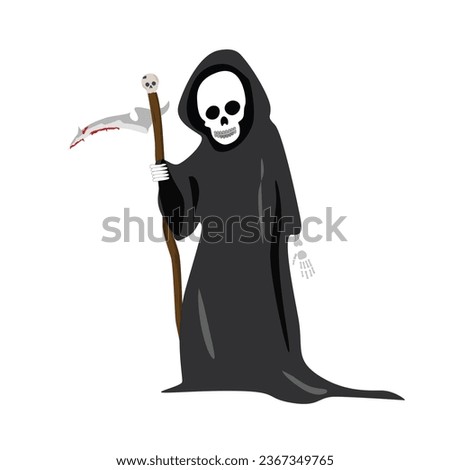 Grim Reaper vector. Death with Scythe clip art. Halloween character. Skeleton in grim reaper gown. Flat vector in cartoon style isolated on white background. 