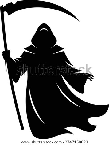 Grim Reaper vector illustration portrays a dark hooded figure dramatically holding a long curved scythe symbolizing the ultimate conclusion of existence.